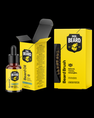 Mr. Beard beard oil bottle and brush packaging on a white background
