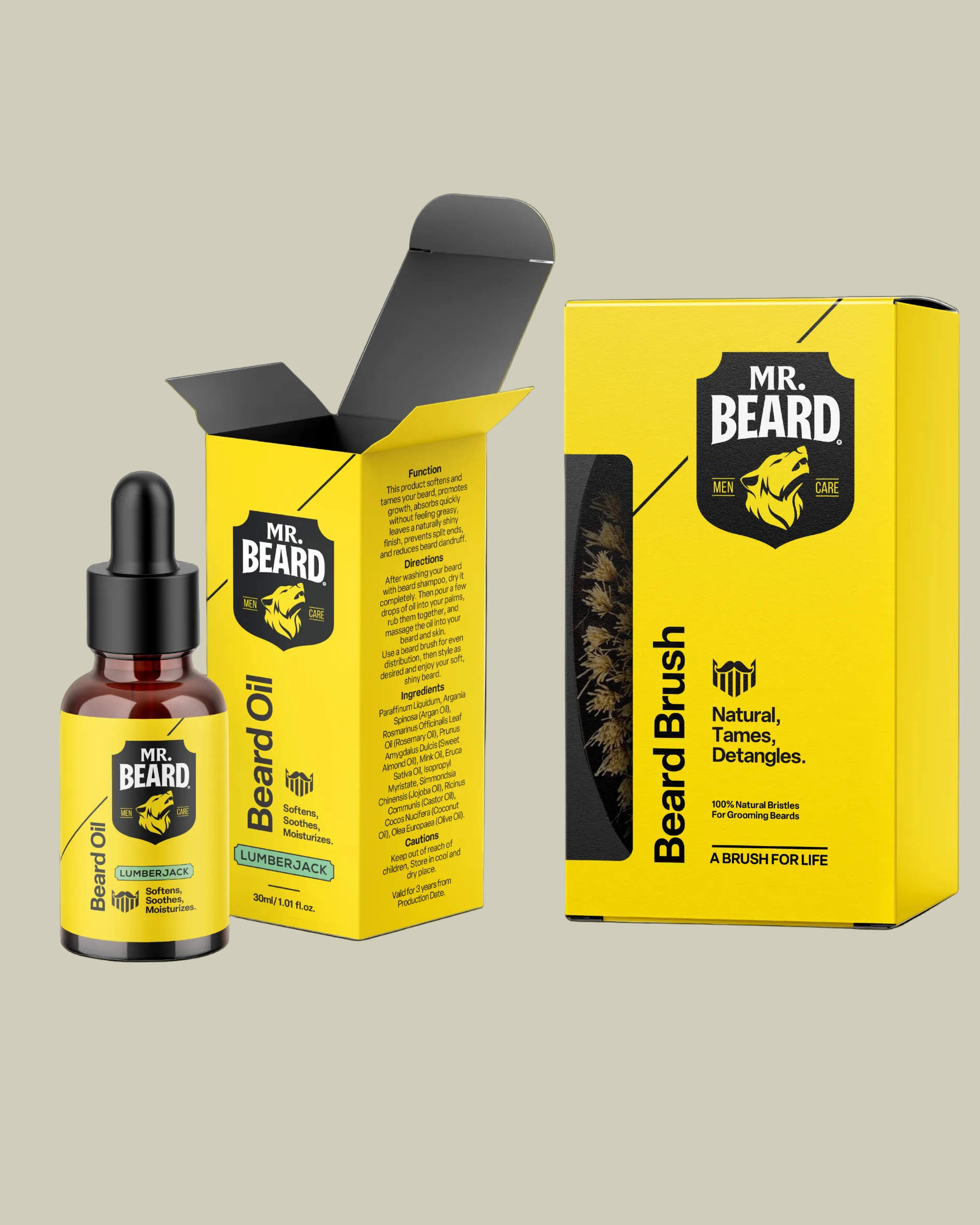 Mr. Beard beard oil bottle and brush packaging on a white background