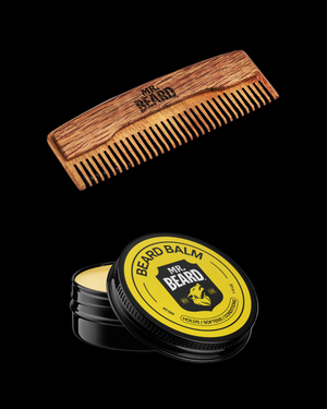 Wooden comb and beard balm container with 'Mr. Beard' branding on a white background