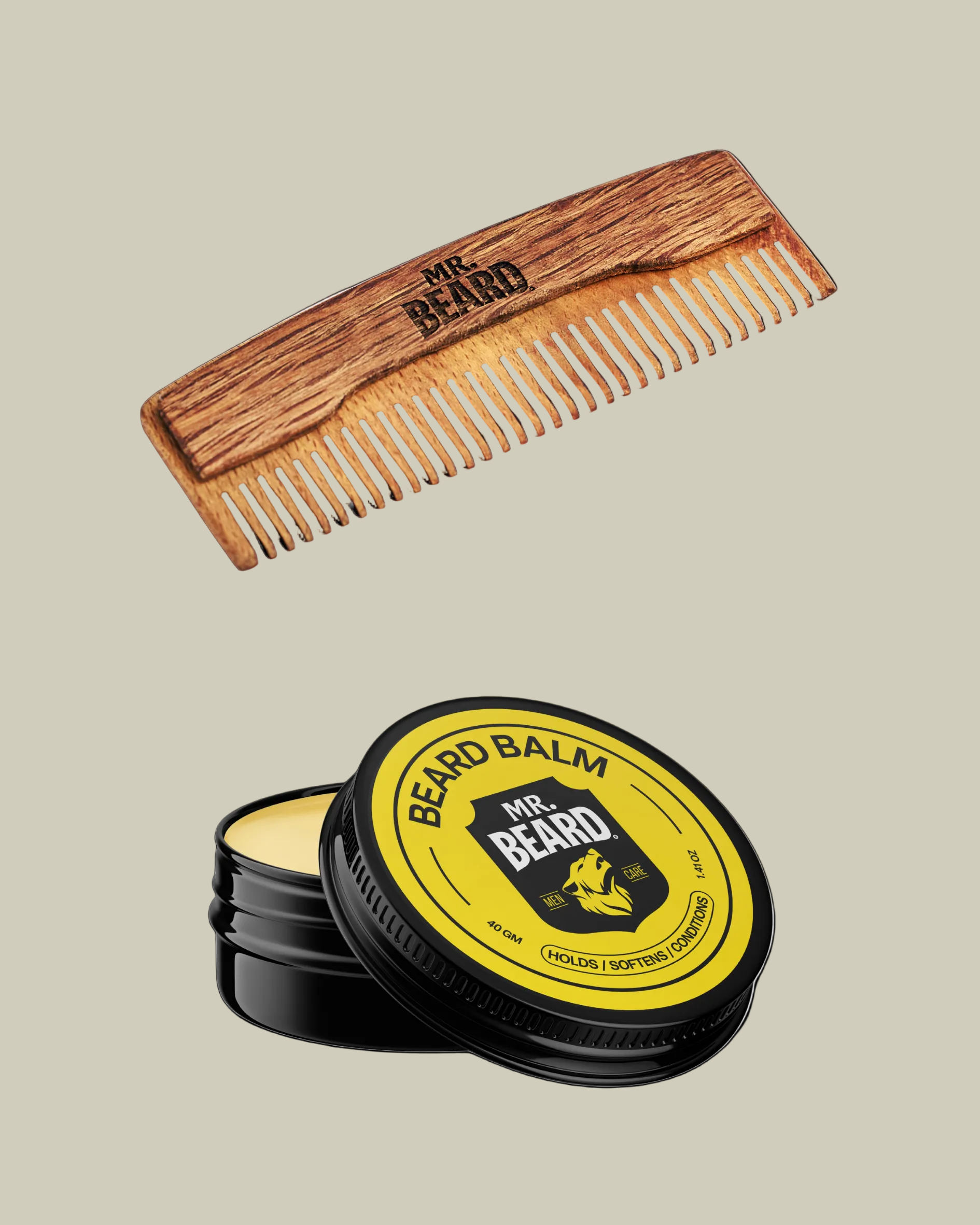 Wooden comb and beard balm container with 'Mr. Beard' branding on a white background