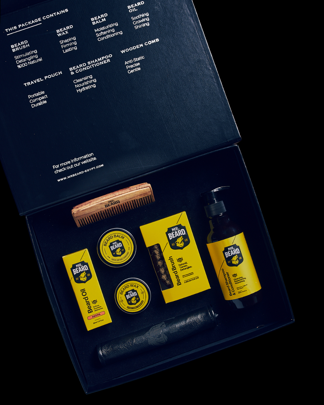 Beard grooming kit with various products in a dark box