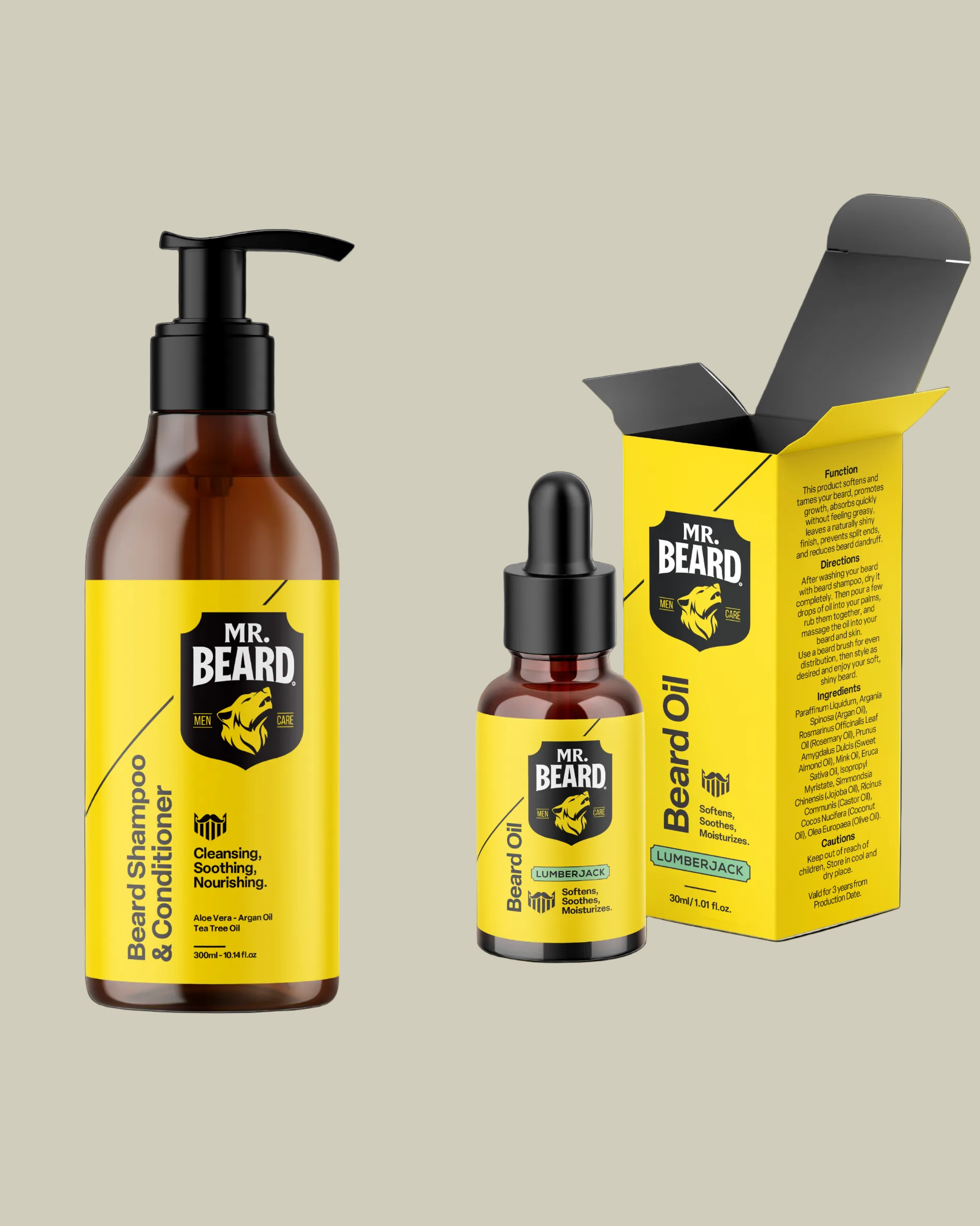 Mr. Beard grooming products including shampoo, oil, and packaging on a white background