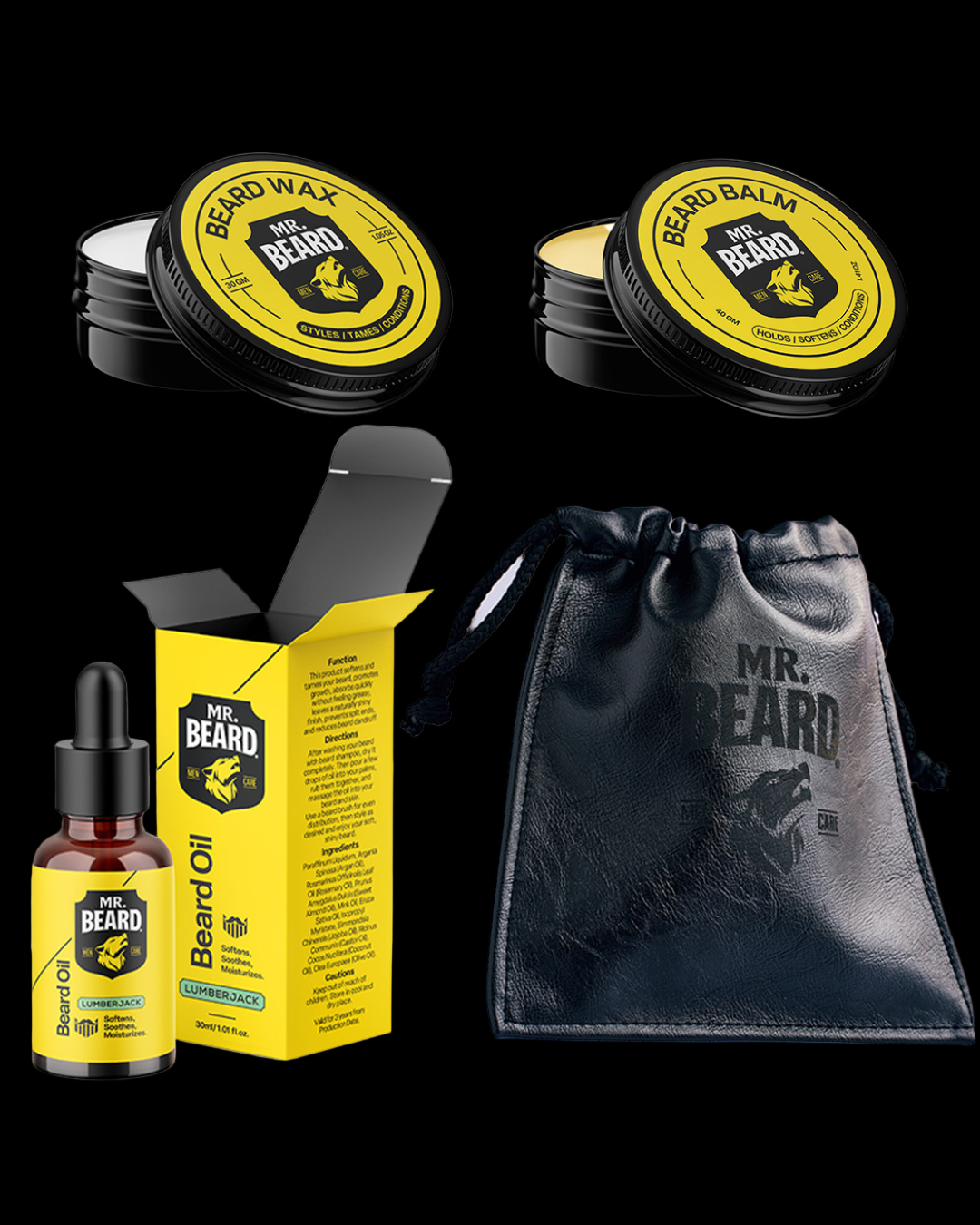 A beard care bundle including a bottle of beard oil, a container of beard balm, a container of beard wax, and a black leather travel pouch, all with branding consistent with the 'Mr. Beard' product line.