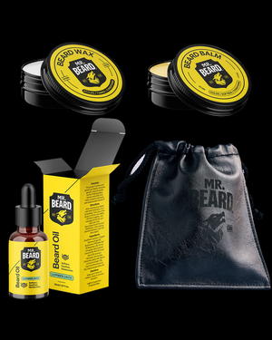 A beard care bundle including a bottle of beard oil, a container of beard balm, a container of beard wax, and a black leather travel pouch, all with branding consistent with the 'Mr. Beard' product line.