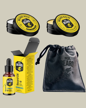 A beard care bundle including a bottle of beard oil, a container of beard balm, a container of beard wax, and a black leather travel pouch, all with branding consistent with the 'Mr. Beard' product line.