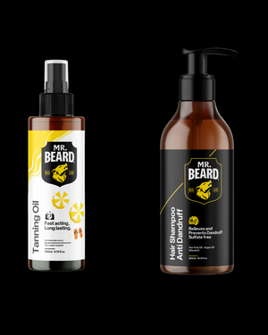 Two bottles of Mr. Beard products on a white background