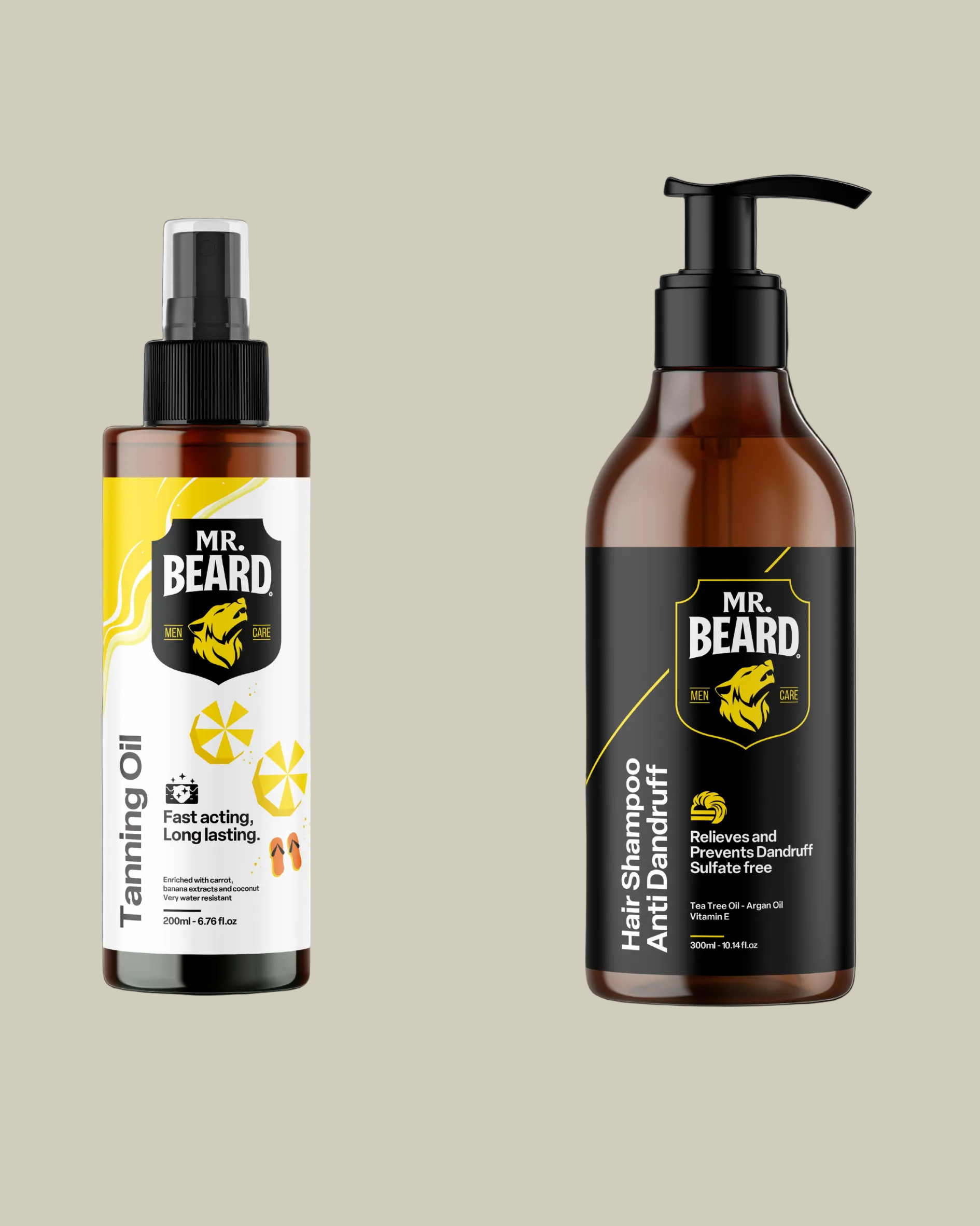 Two bottles of Mr. Beard products on a white background