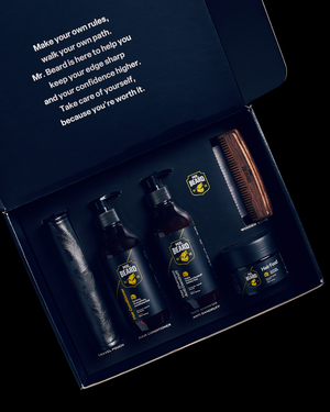 Mr. Beard grooming kit with bottles, a brush, and a message on a dark background