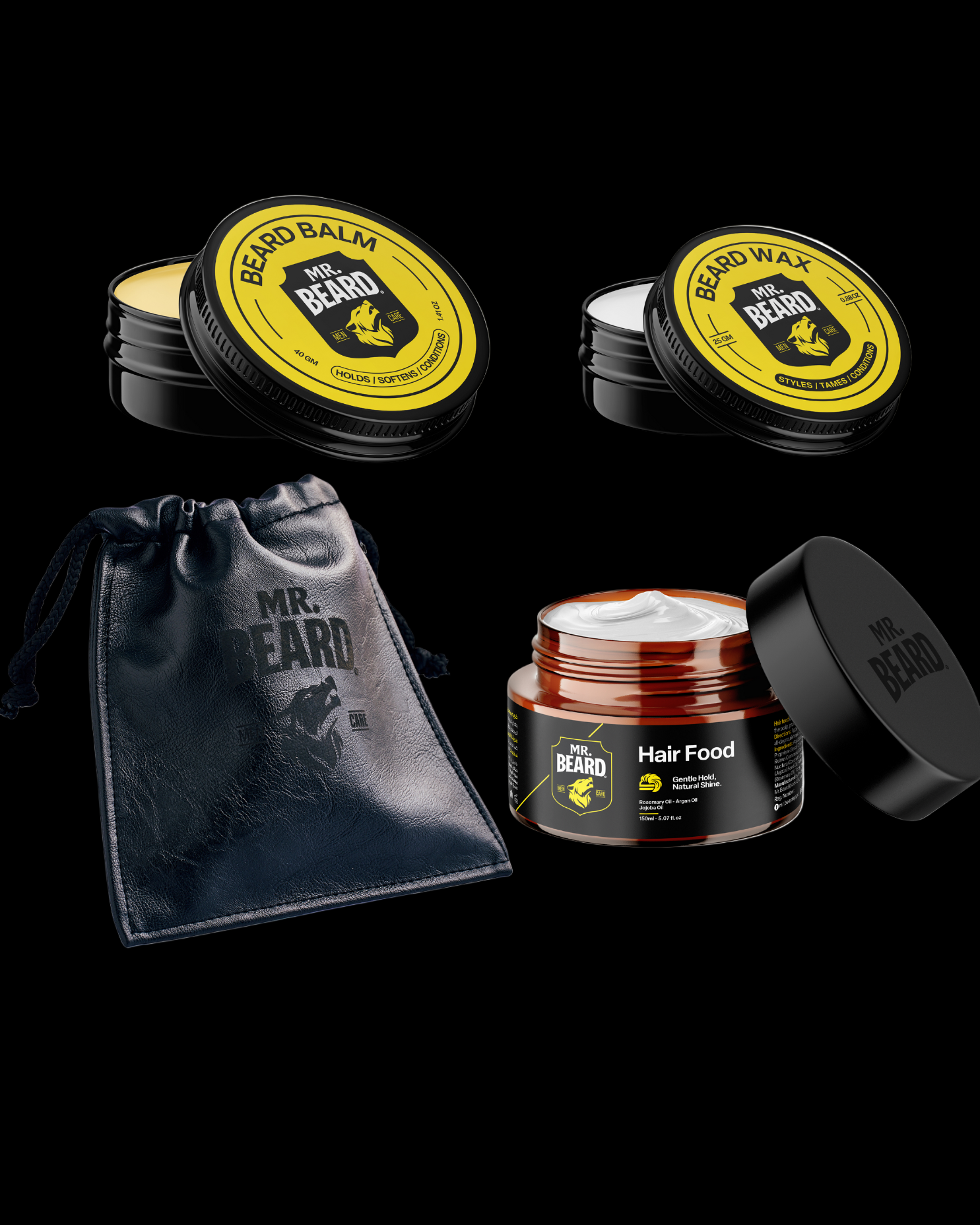 Collection of Mr. Beard grooming products including balm, wax, and hair food with a black drawstring bag on a white background.