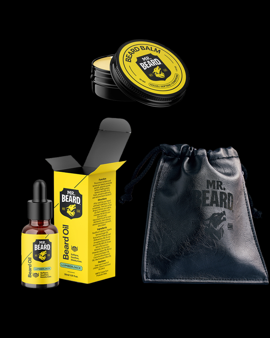A grooming bundle for beard care including a bottle of beard oil, a container of beard balm, a leather travel pouch, and a yellow box with a beard oil refill inside.