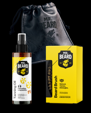 Mr. Beard tanning oil bottle, beard brush packaging, and drawstring bag on a white background
