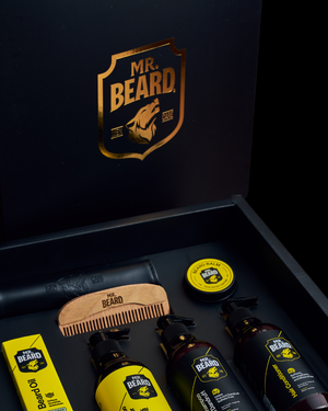 Mr. Beard grooming products including a comb, bottles, and a box with the brand logo.