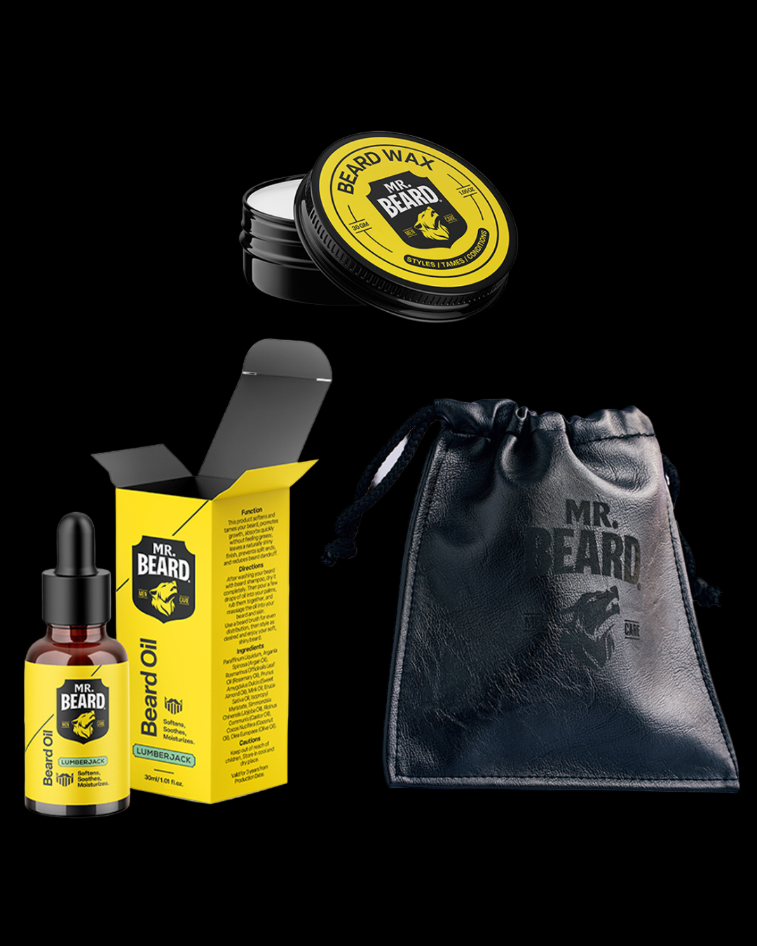 A collection of beard grooming products including a bottle of beard oil, a container of beard wax, and a leather travel pouch, all branded with 'MR. BEARD'.