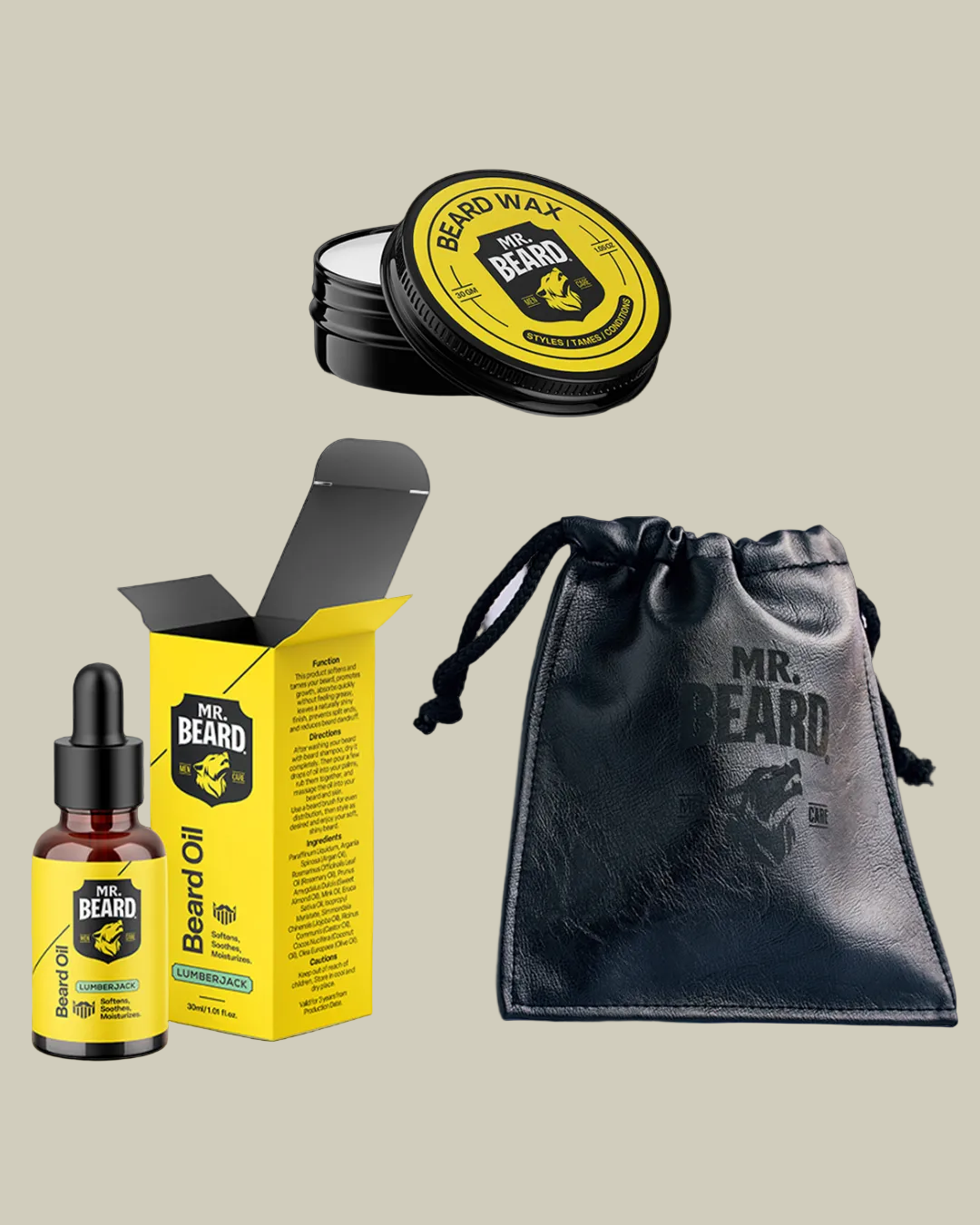 A collection of beard grooming products including a bottle of beard oil, a container of beard wax, and a leather travel pouch, all branded with 'MR. BEARD'.