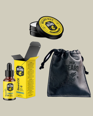 A collection of beard grooming products including a bottle of beard oil, a container of beard wax, and a leather travel pouch, all branded with 'MR. BEARD'.
