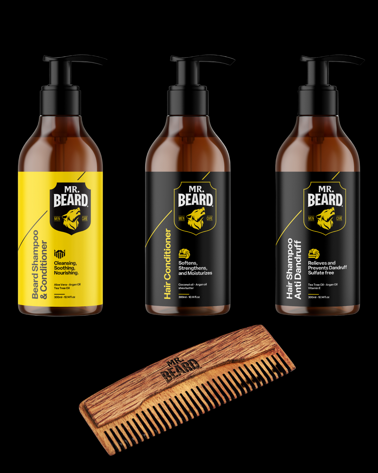 Set of Mr. Beard hair care products including shampoo, conditioner, and anti-dandruff shampoo with a comb on a white background.