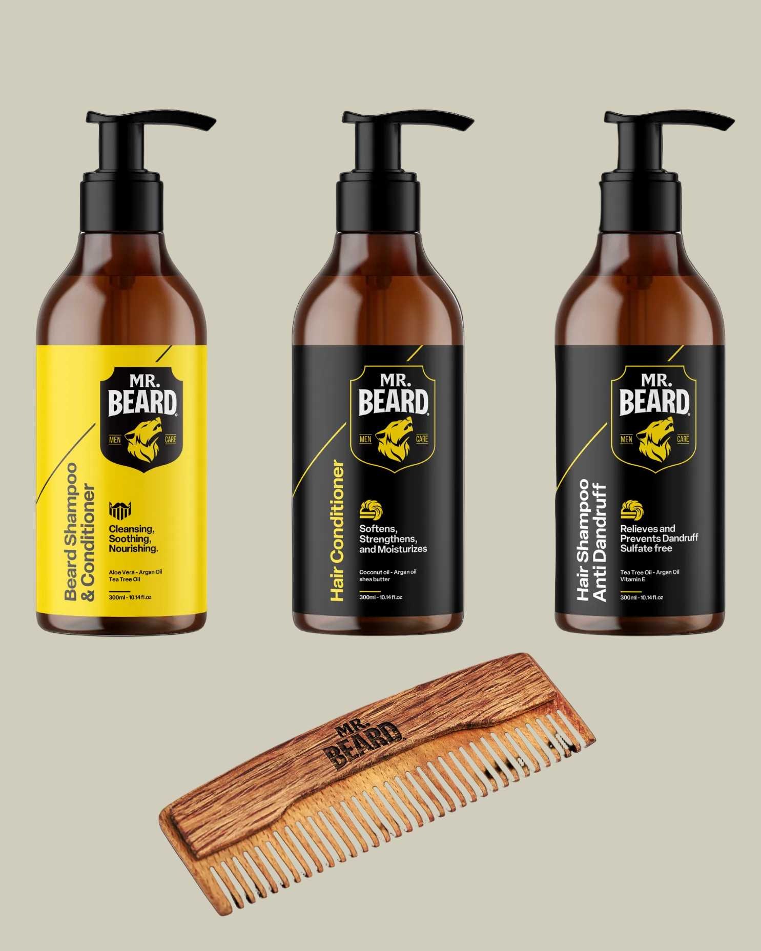 Set of Mr. Beard hair care products including shampoo, conditioner, and anti-dandruff shampoo with a comb on a white background.