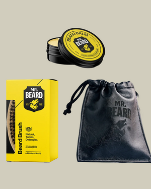 The image displays a beard control bundle which includes a yellow box of beard balm, a black beard brush with yellow details, and a black leather travel pouch with the Mr. Beard logo.
