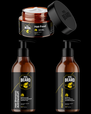 MR. BEARD hair care products including a jar, shampoo, and conditioner on a white background