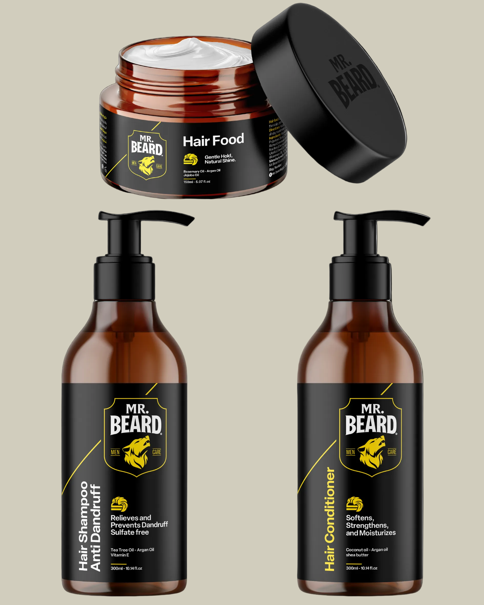 MR. BEARD hair care products including a jar, shampoo, and conditioner on a white background