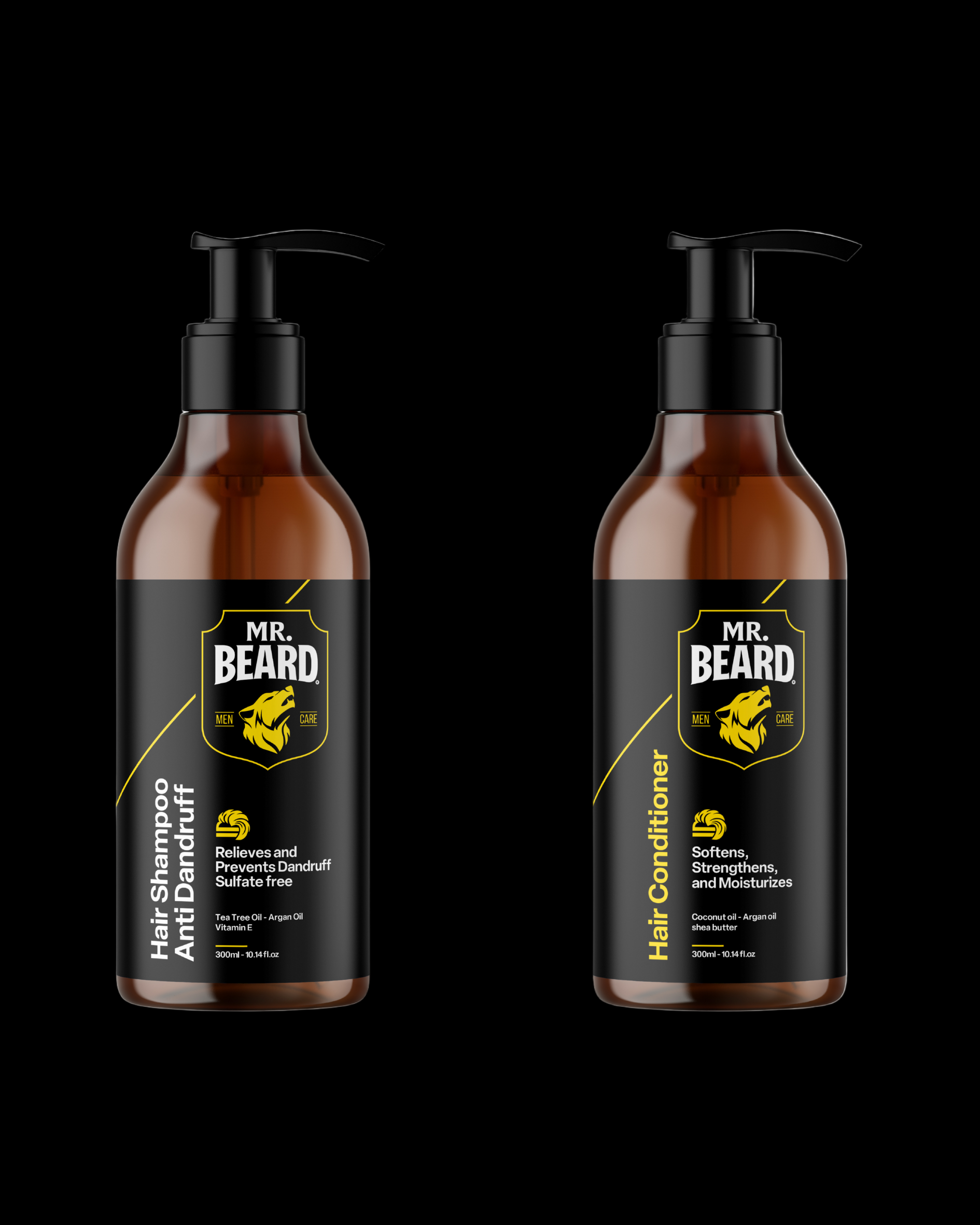 Two bottles of Mr. Beard hair care products on a white background