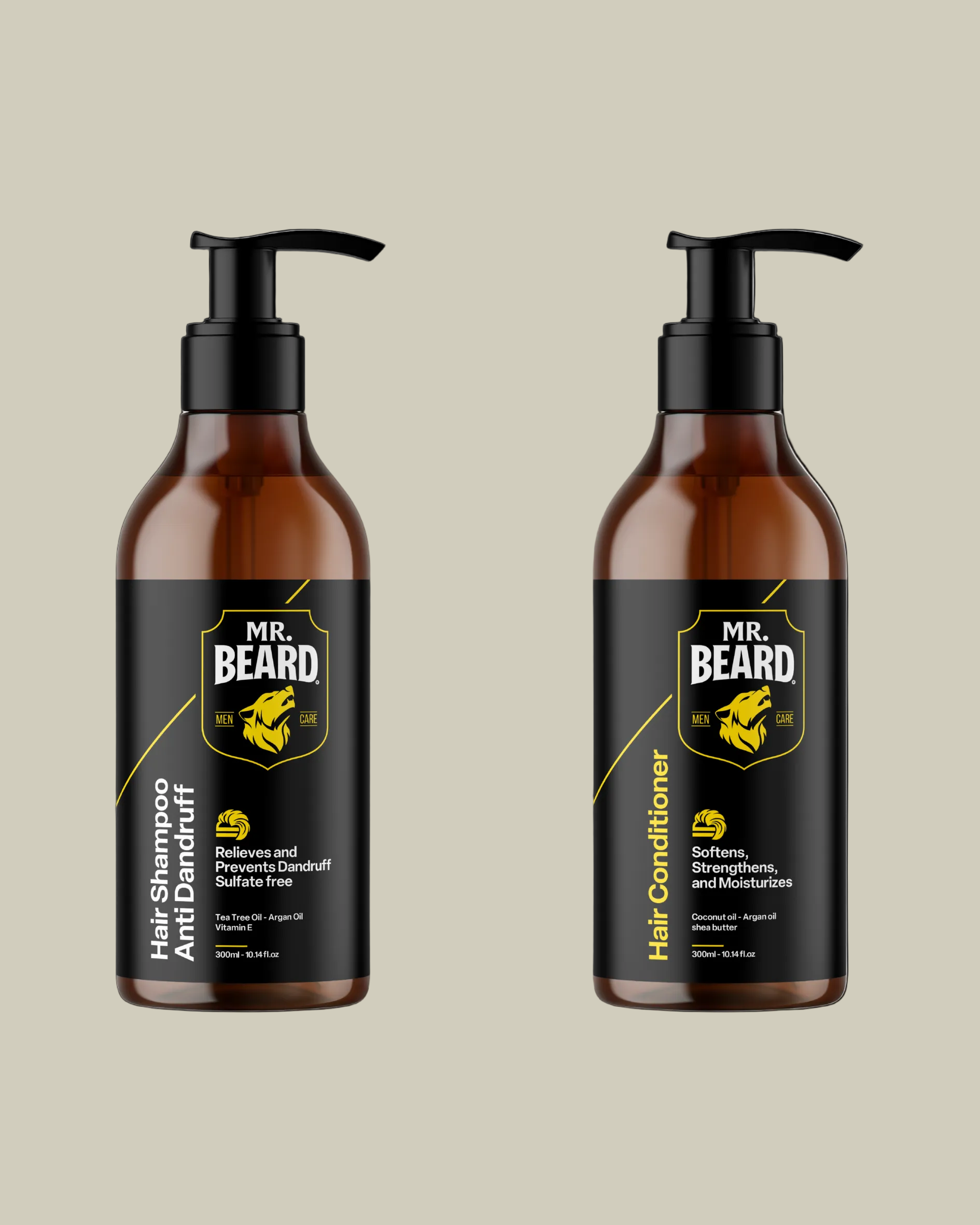Two bottles of Mr. Beard hair care products on a white background
