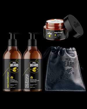 The image features a hair care bundle by Mr. Beard, including bottles of shampoo, conditioner, and hair food, a premium travel pouch, and a jar of hair food.