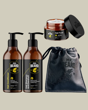 The image features a hair care bundle by Mr. Beard, including bottles of shampoo, conditioner, and hair food, a premium travel pouch, and a jar of hair food.