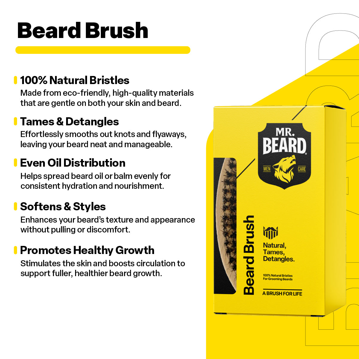 Mr. Beard beard brush packaging with features listed on a yellow background