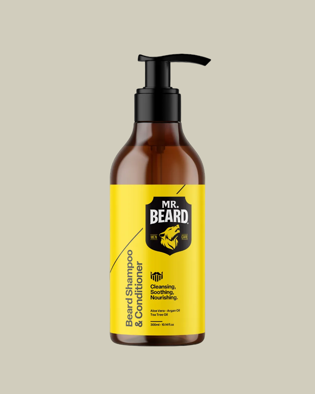 Brown bottle of Mr. Beard beard shampoo and conditioner with a yellow label on a black background