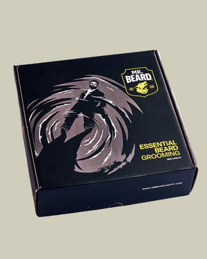 Box of Mr. Beard essential beard grooming products on a white background