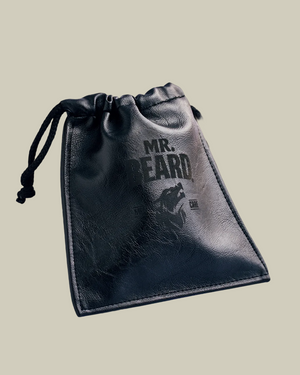 Black drawstring pouch with 'MR. BEARD' branding on a black background