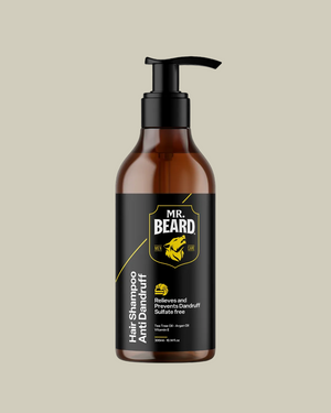 Mr. Beard hair shampoo bottle on a black background
