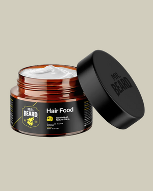 Jar of 'Hair Food' by Mr. Beard with black lid on a black background