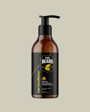 Mr. Beard hair conditioner bottle on a black background