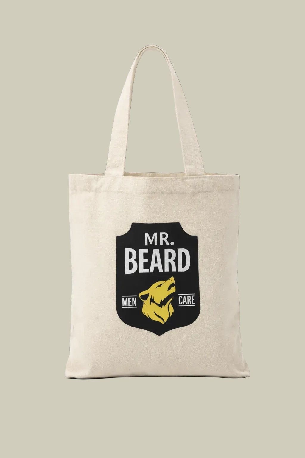 Beige tote bag with 'Mr. Beard' logo on a white background