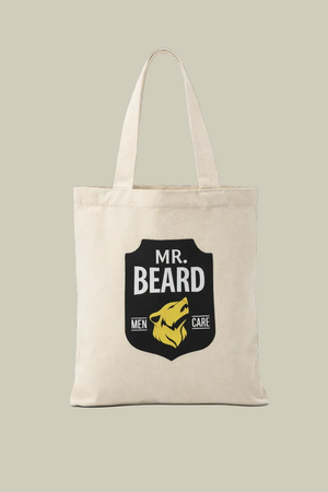 Beige tote bag with 'Mr. Beard' logo on a white background