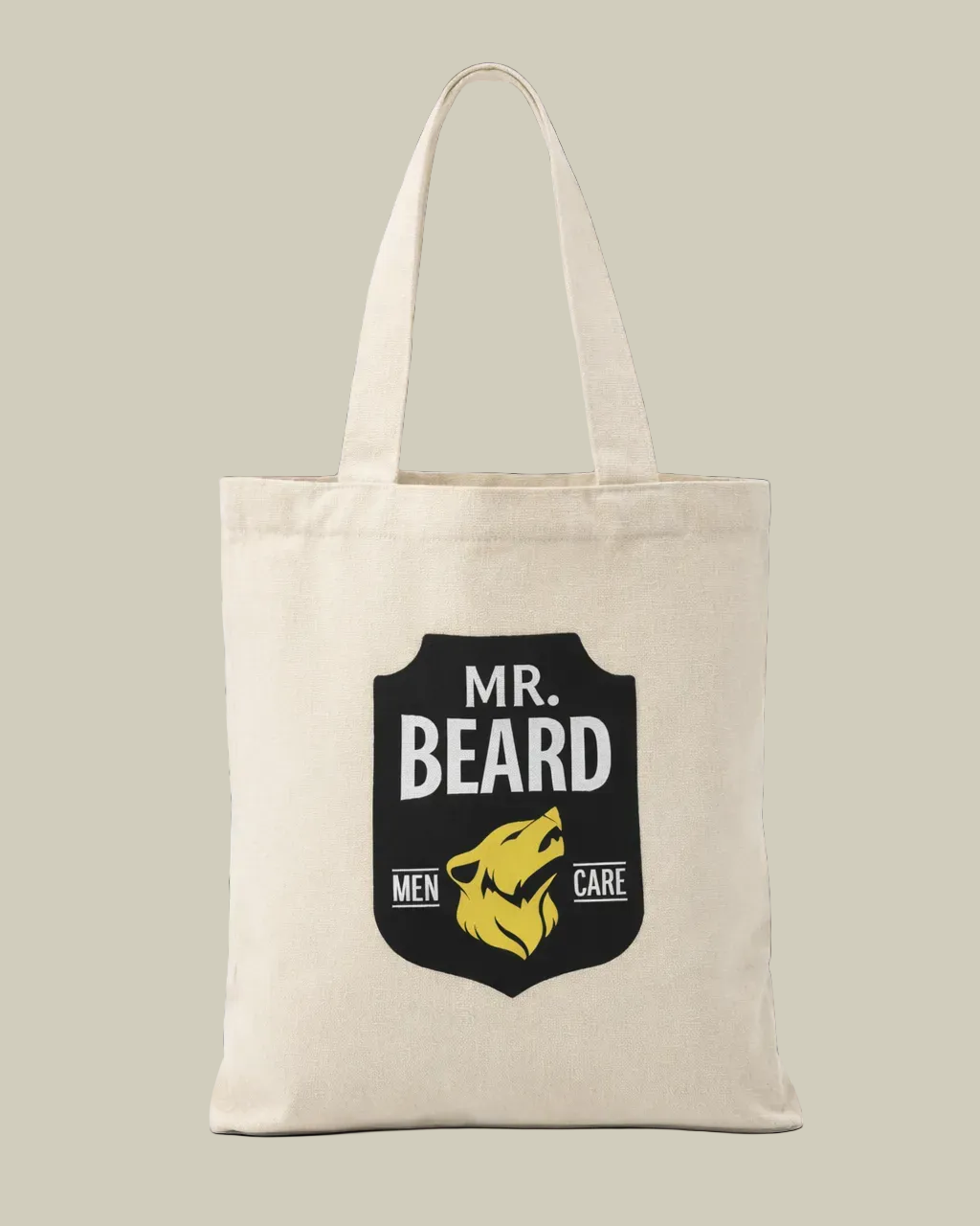 Beige tote bag with 'Mr. Beard' logo on a white background