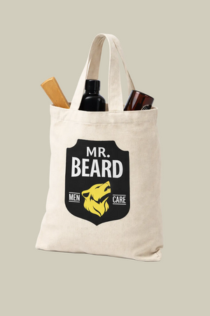 Tote bag with 'Mr. Beard' branding and grooming products on a white background
