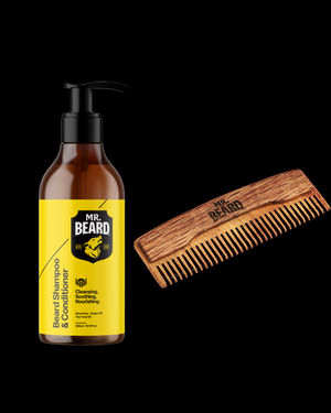 Mr. Beard beard shampoo and conditioner bottle with a wooden comb on a white background