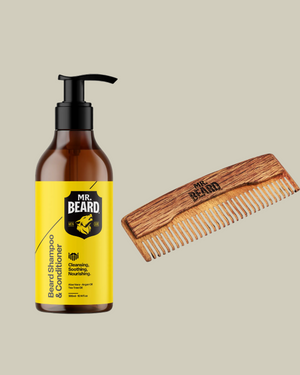 Mr. Beard beard shampoo and conditioner bottle with a wooden comb on a white background