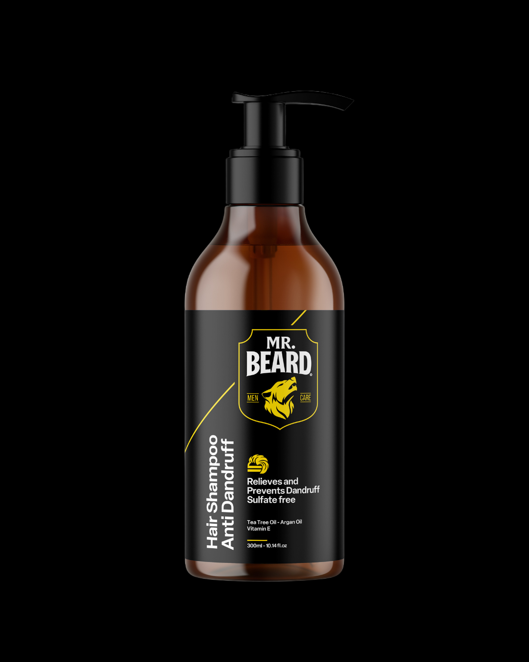 A bottle of Mr. Beard hair shampoo with a pump dispenser, primarily in a brown bottle with a black label.