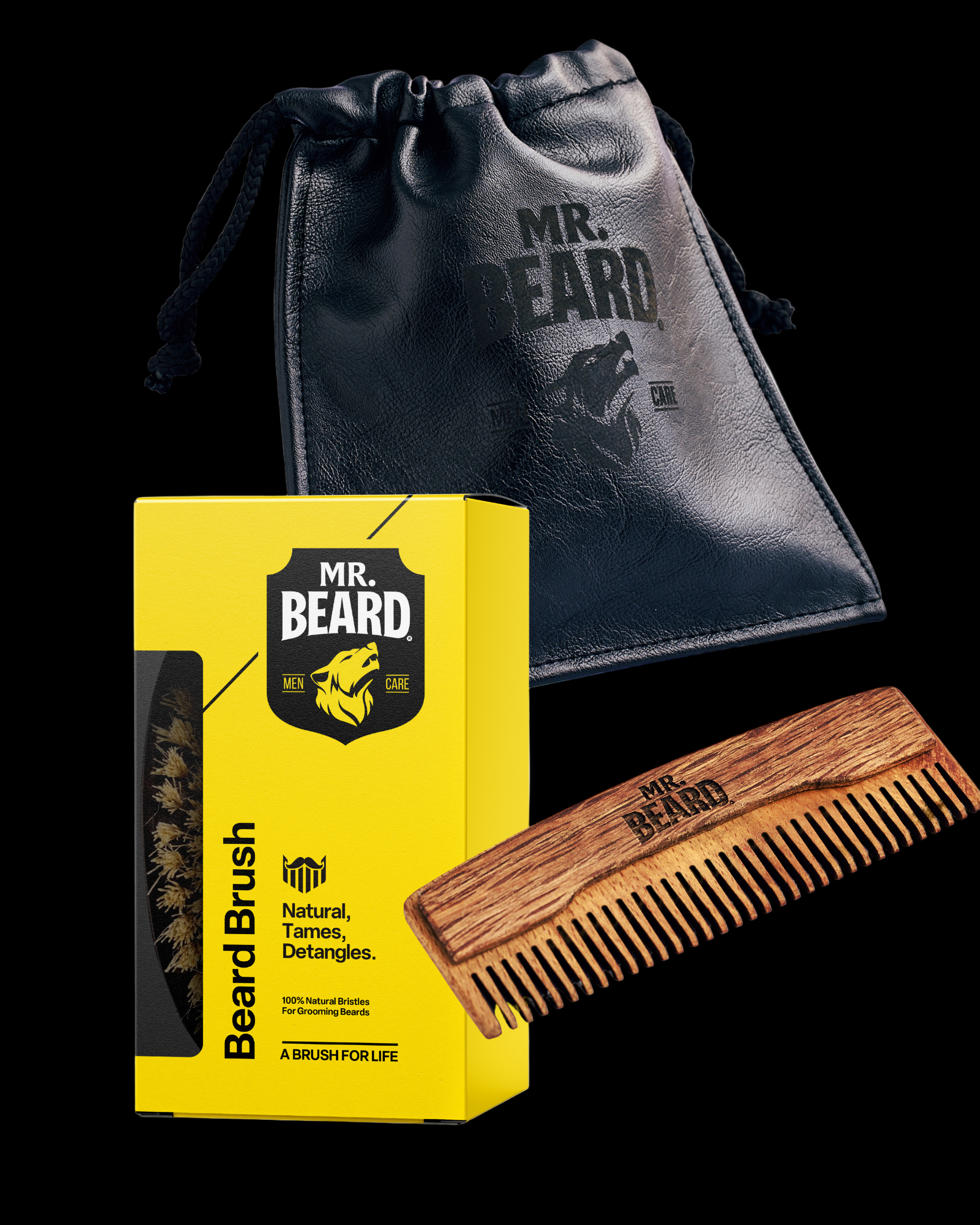 Mr. Beard beard brush with packaging and drawstring bag on a white background