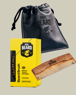 Mr. Beard beard brush with packaging and drawstring bag on a white background