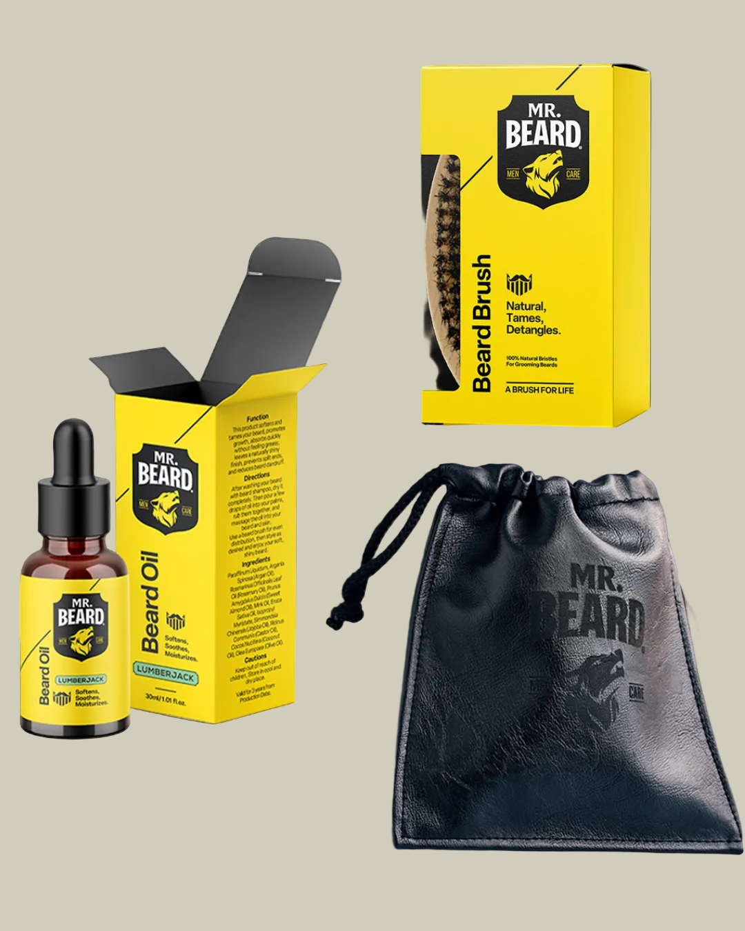 Mr. Beard grooming products including oil, brush, and pouch on a white background