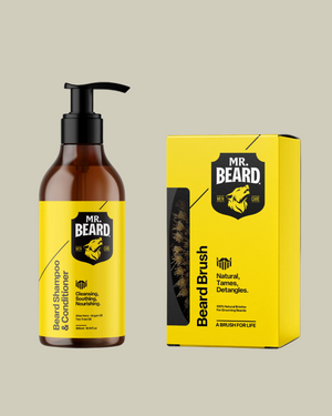Mr. Beard beard care product set with shampoo, conditioner, and brush on a black background