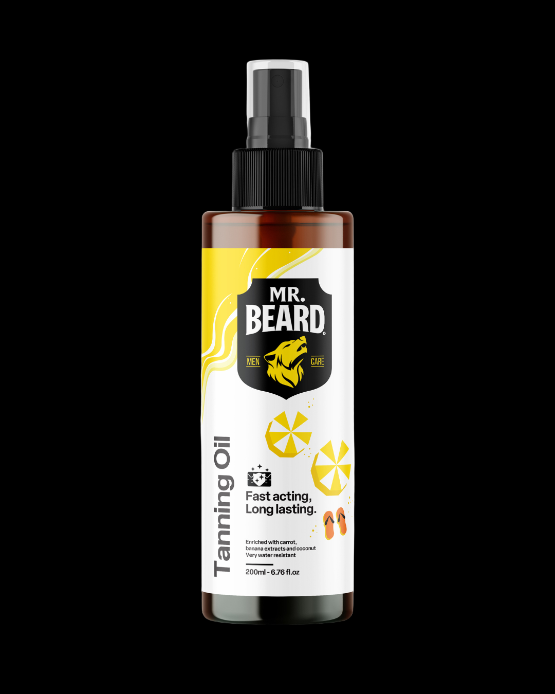 A bottle of Mr. Beard tanning oil with a spray nozzle, featuring a label with the brand name and product details.