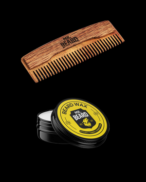 Wooden comb and beard wax container with 'Mr. Beard' branding on a white background