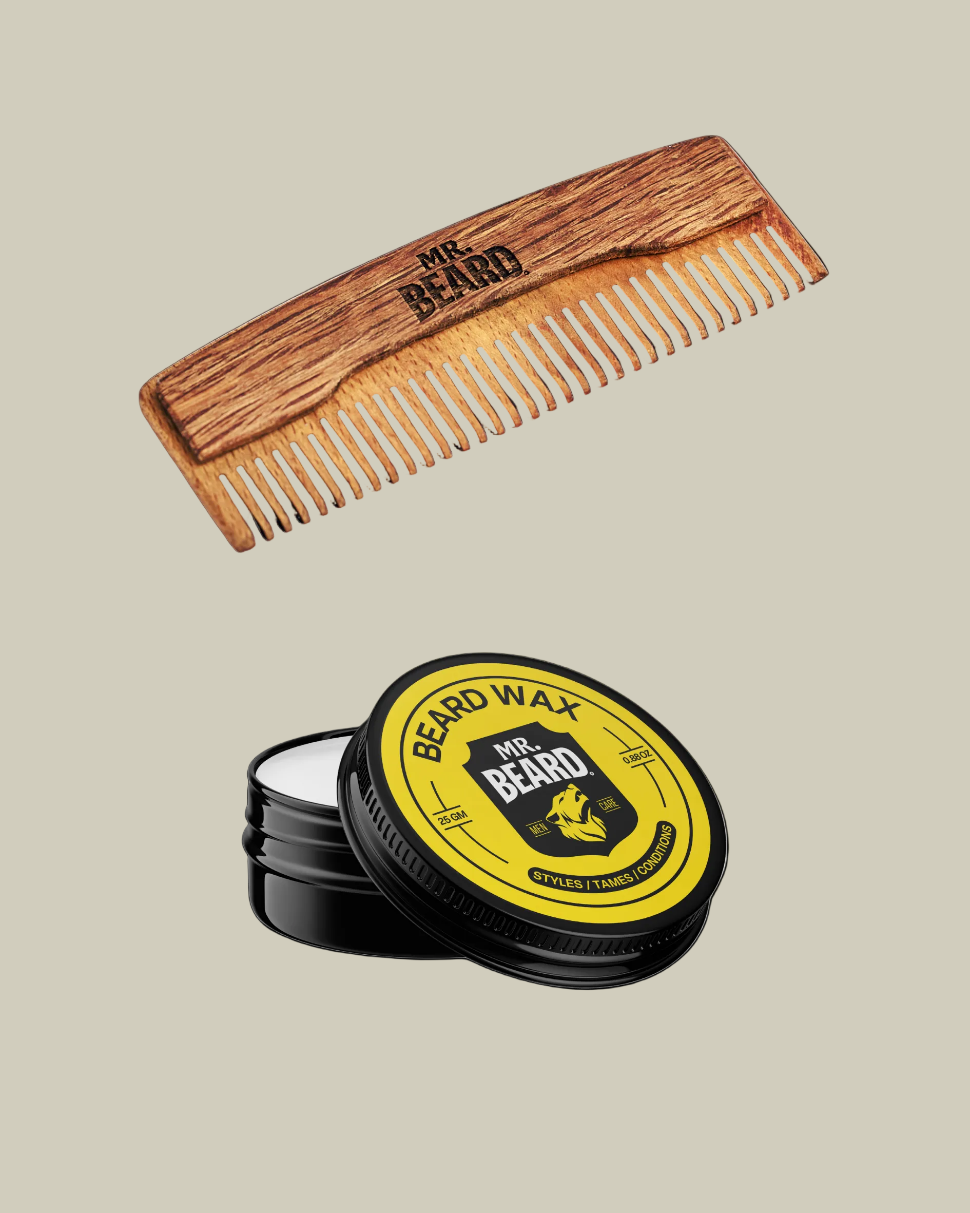 Wooden comb and beard wax container with 'Mr. Beard' branding on a white background