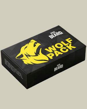 Mr. Beard Wolf Pack product packaging on a black background